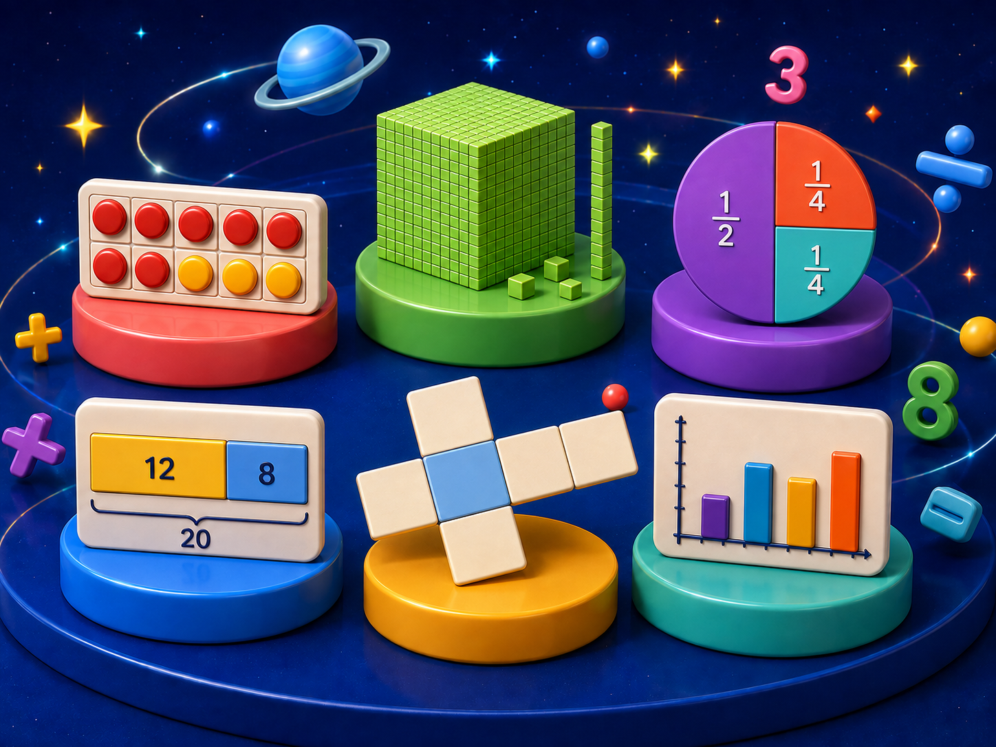 A colourful mathematics playground with counters, base-ten blocks, fractions, a bar model, a cube net and a bar chart on glossy display platforms.